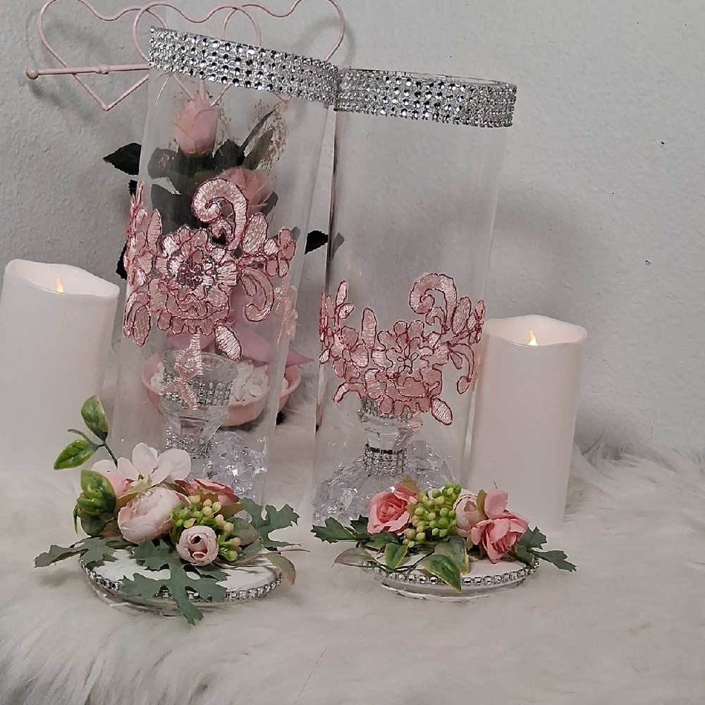 Elegant Pink Floral Glass Vases with candles Set of 2